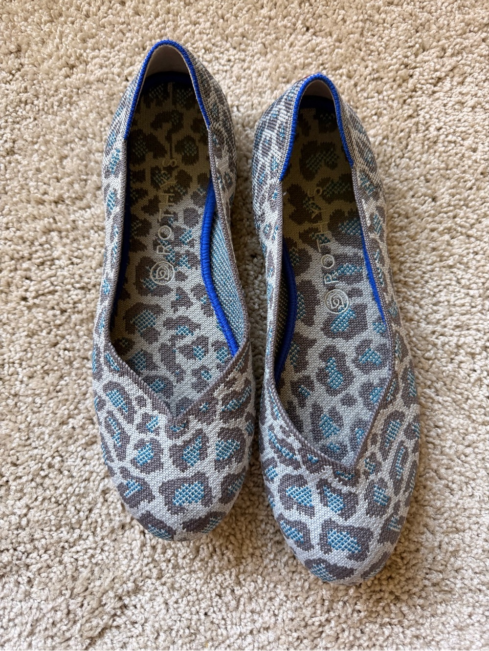 Rothy's Gray Knit Leopard Flats with Blue Accents